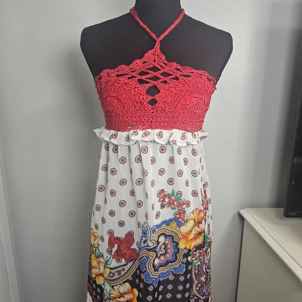 MarineBlu Halter Red Crochet Sun Dress with Flower Design Women's - Size Small - Picture 2 of 5